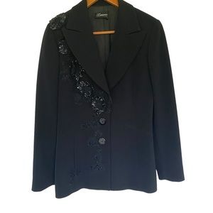Laurie 100% Wool Floral Embellished Long Line Black Blazer S/M